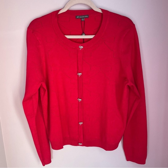NWT Adrianna Papell Women's Haute Red Crewneck Sweater Rhinestone Bows Large - Picture 9 of 12